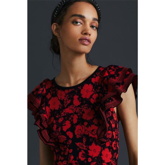 Anthropologie Eva Franco Ruffled Floral Knit Mini Sweater Dress Red Size L - Picture 9 of 9